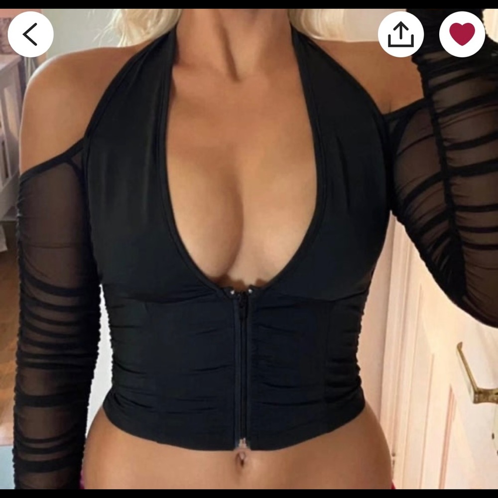 Mesh black long sleeve v-neck corset crop top